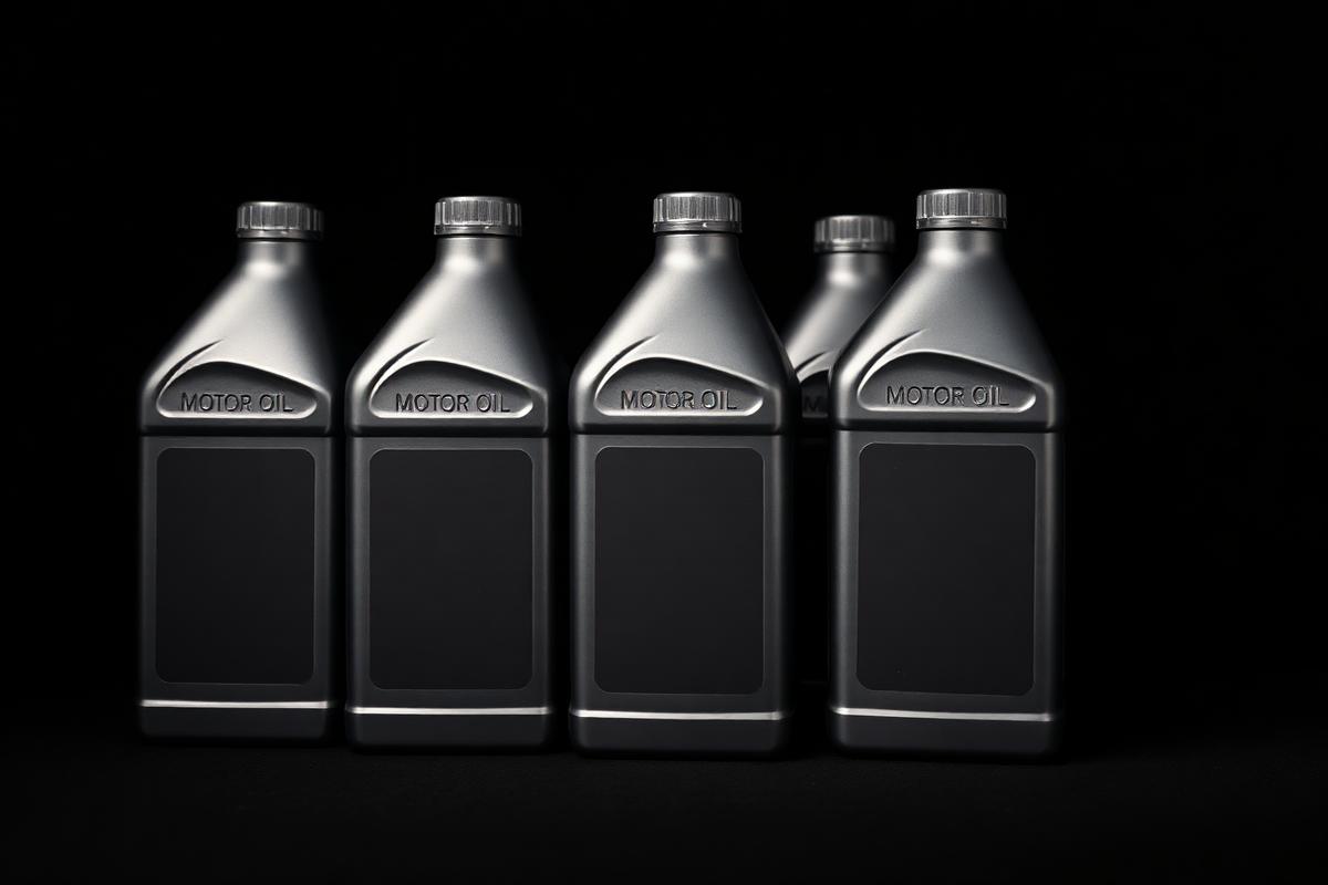 Row of quart lubricant bottles on a dark studio backdrop